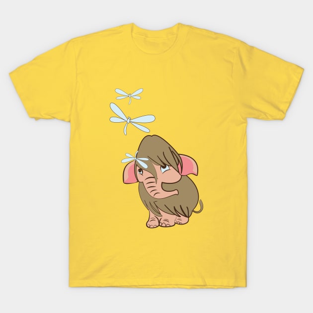 Baby Mammoth playing with dragonflies in blue T-Shirt by belettelepink